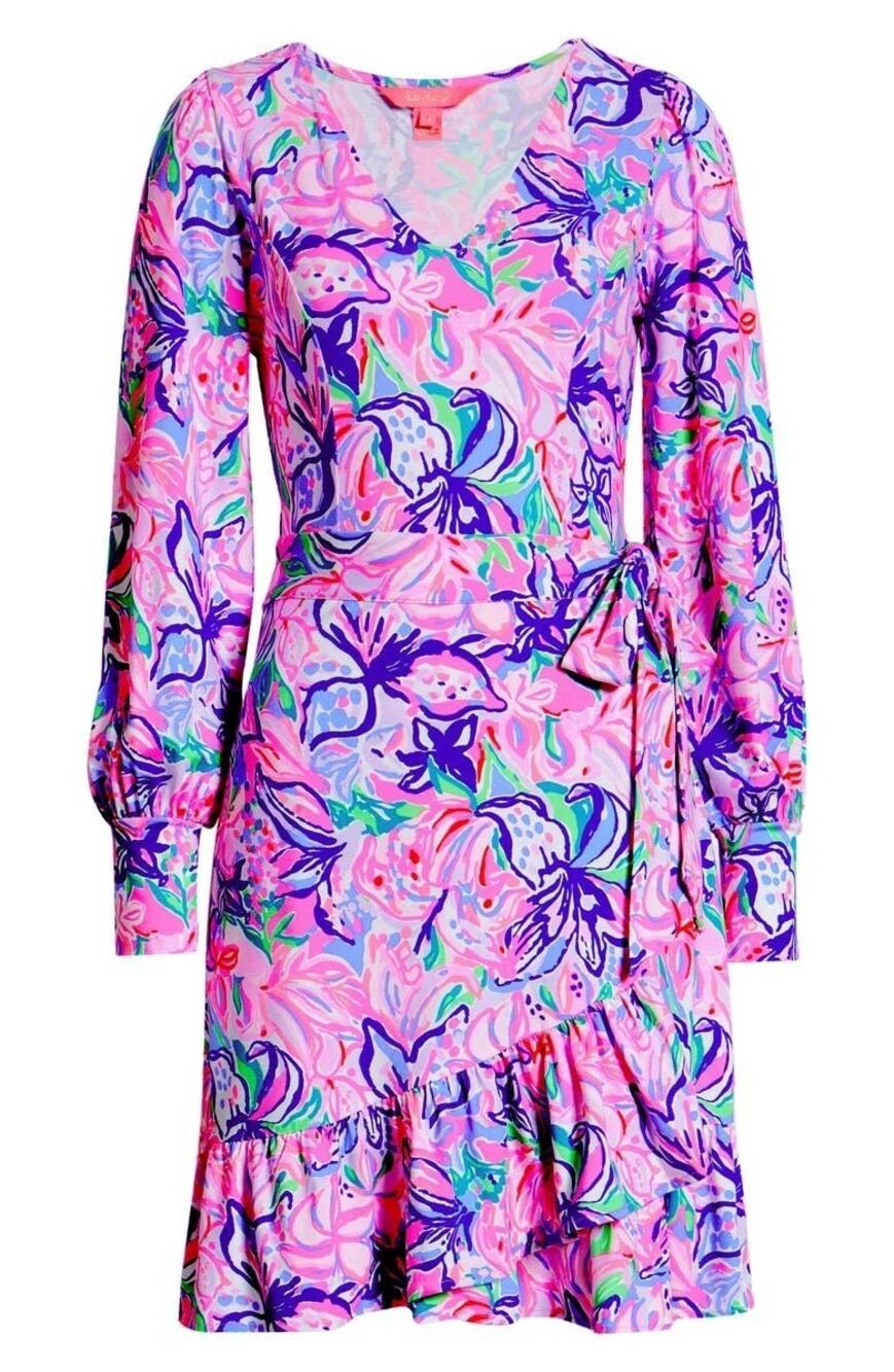 Lilly Pulitzer Florlita Faux Wrap Dress SZ SMALL Pink Floral Puff Sleeve Coastal